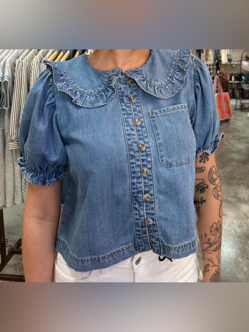 NWOT Denim Puff-Sleeve Button-Front Top with Ruffle Collar